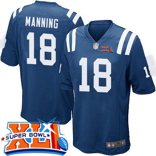 Men's Game Peyton Manning Super Bowl XLI Nike Jersey Royal Blue Home - #18 NFL Indianapolis Colts